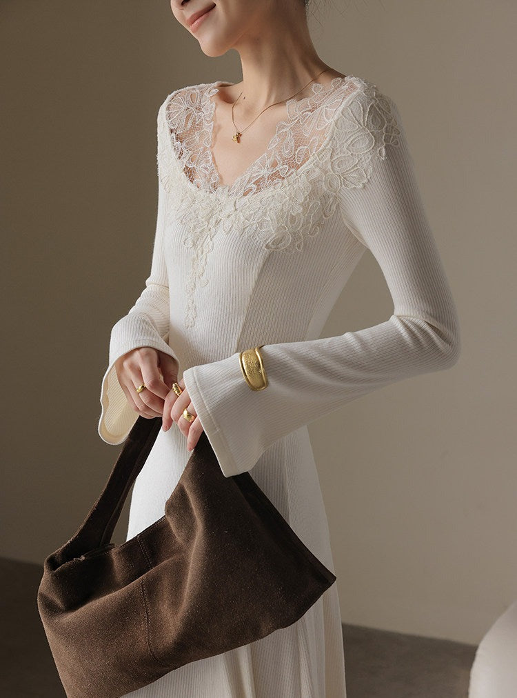 Knitted Dress with Lace Detailing