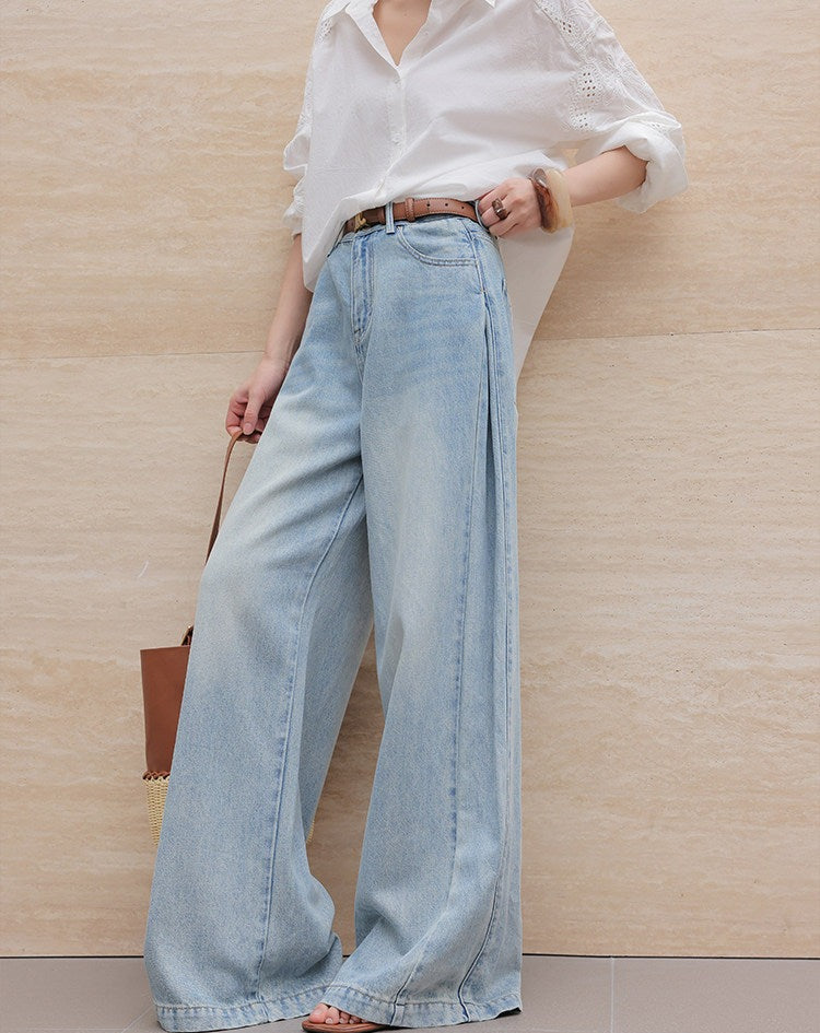Cotton Wide-Leg Jeans - Light Blue