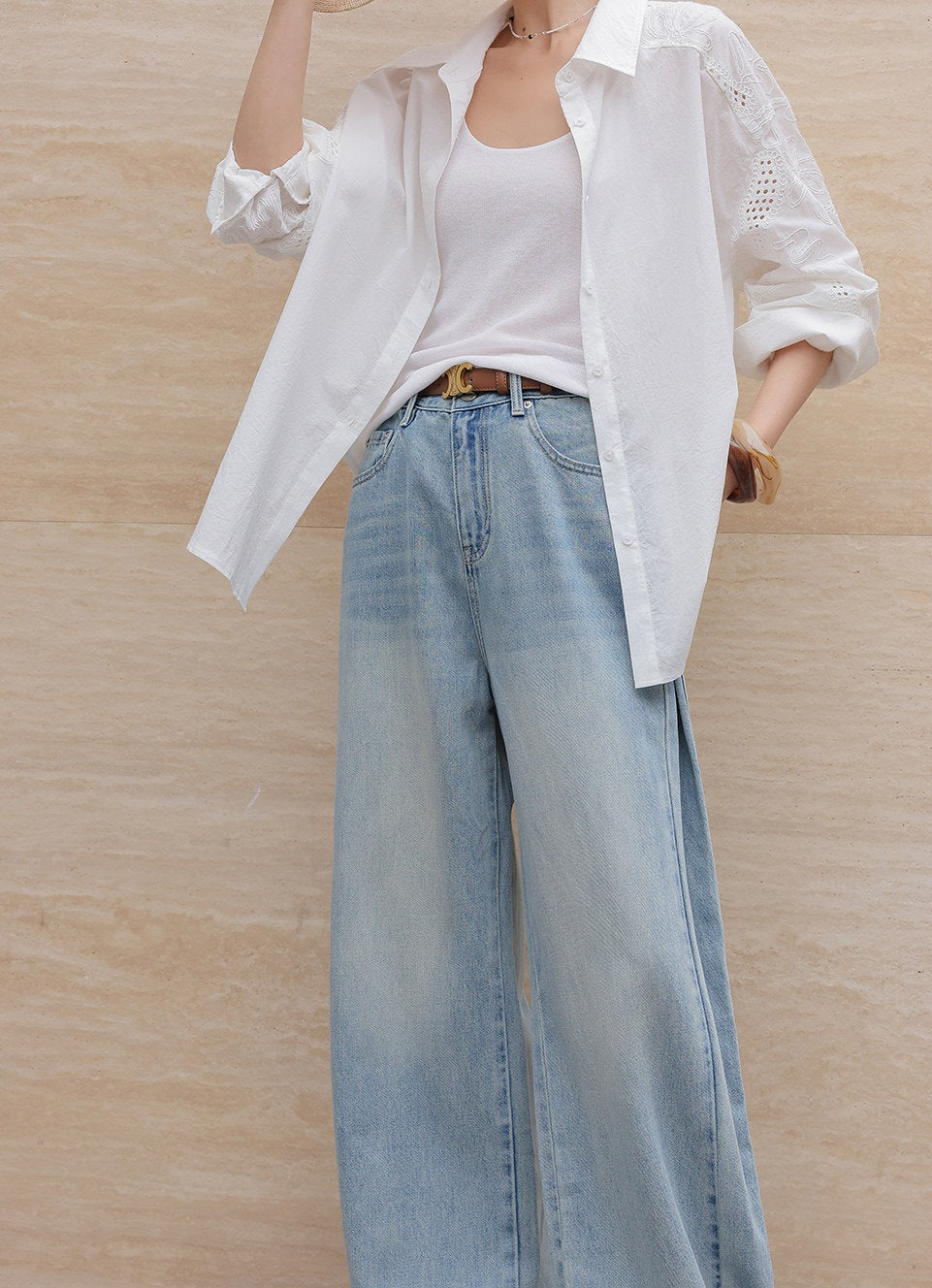 Cotton Wide-Leg Jeans - Light Blue