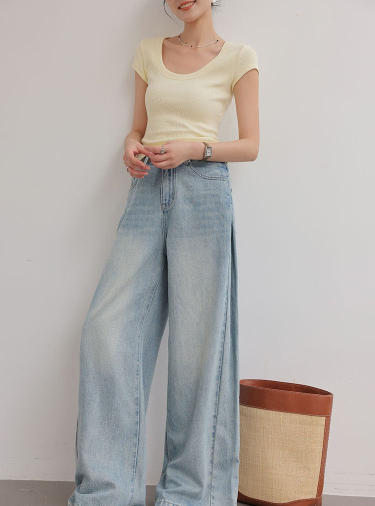 Cotton Wide-Leg Jeans - Light Blue
