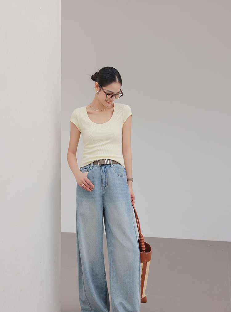 Cotton Wide-Leg Jeans - Light Blue