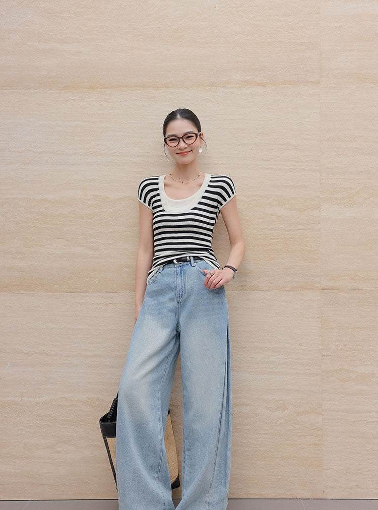 Cotton Wide-Leg Jeans - Light Blue