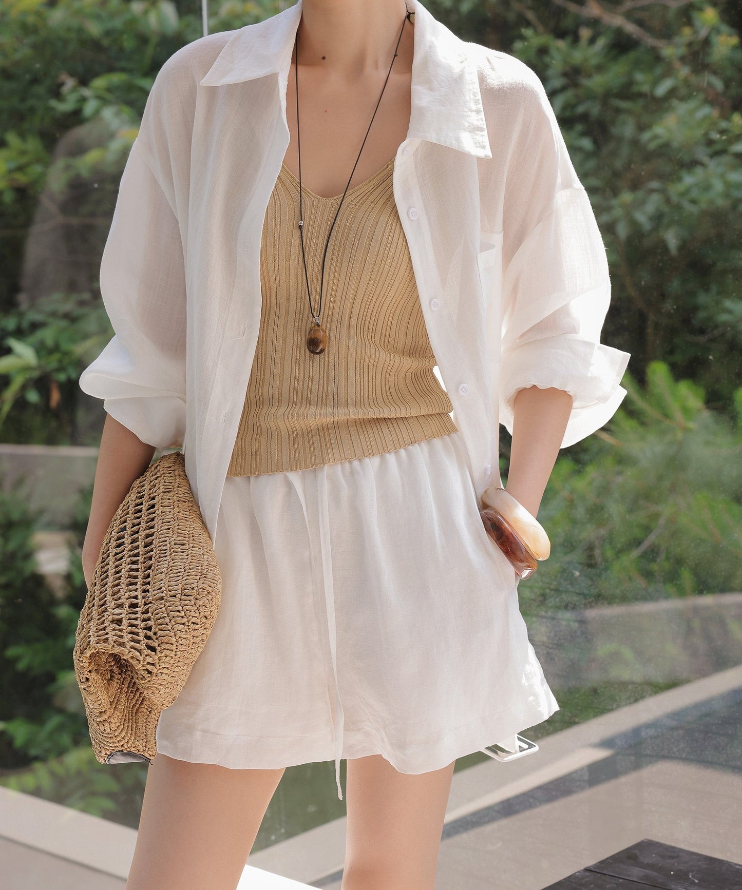 Linen Blend 2-Piece Set - Long Sleeve Shirt and Wide-Leg Shorts