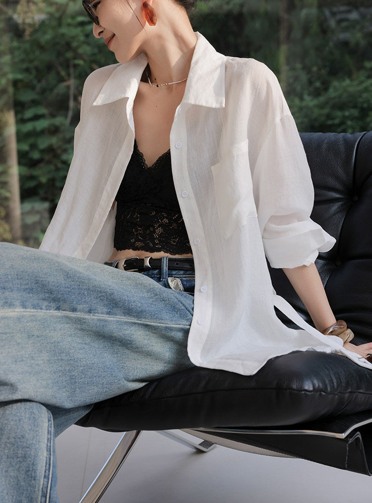 Linen Blend 2-Piece Set - Long Sleeve Shirt and Wide-Leg Shorts