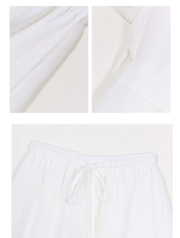 Linen Blend 2-Piece Set - Long Sleeve Shirt and Wide-Leg Shorts