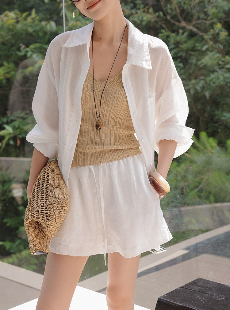 Linen Blend 2-Piece Set - Long Sleeve Shirt and Wide-Leg Shorts