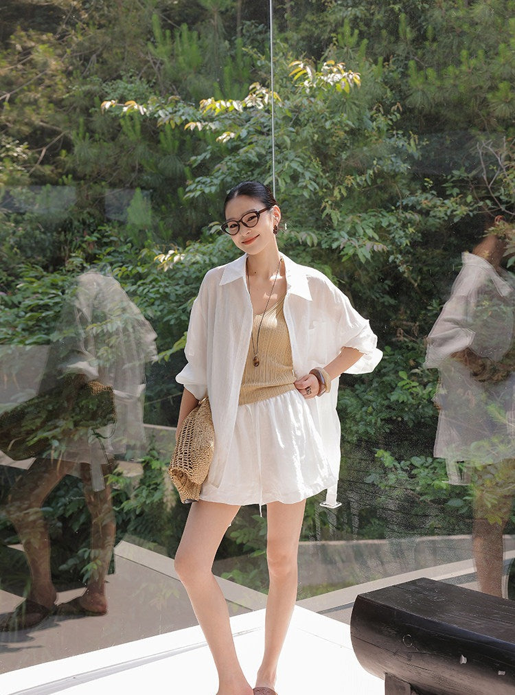 Linen Blend 2-Piece Set - Long Sleeve Shirt and Wide-Leg Shorts