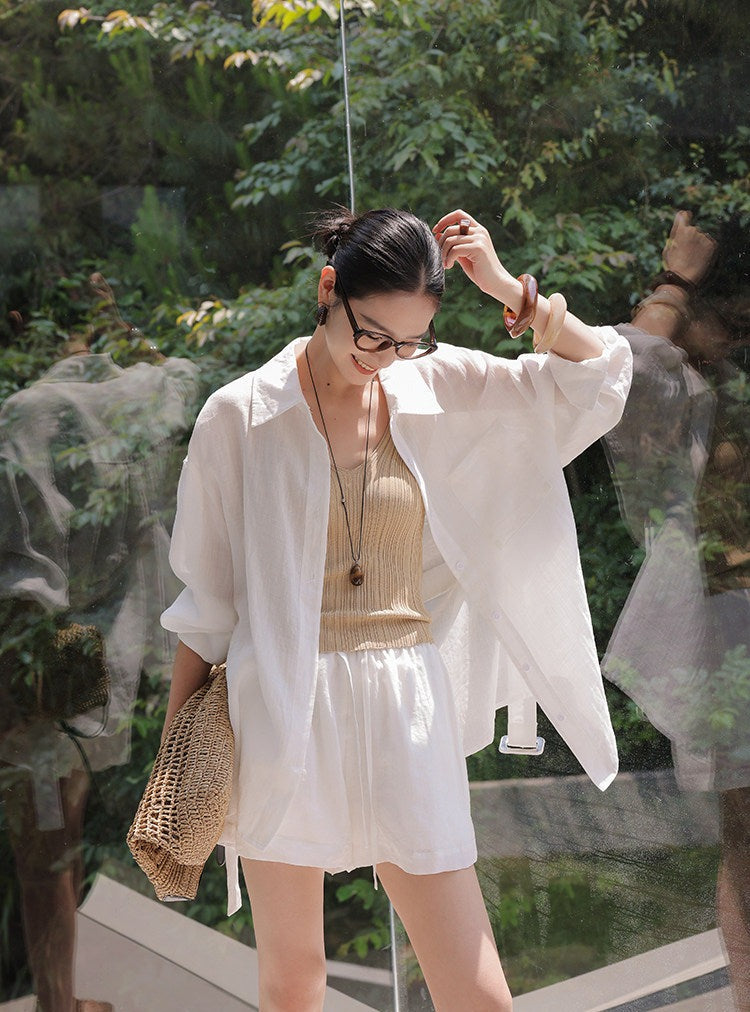 Linen Blend 2-Piece Set - Long Sleeve Shirt and Wide-Leg Shorts