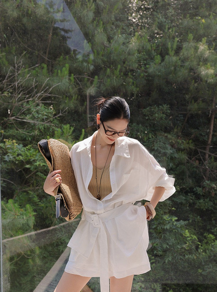 Linen Blend 2-Piece Set - Long Sleeve Shirt and Wide-Leg Shorts