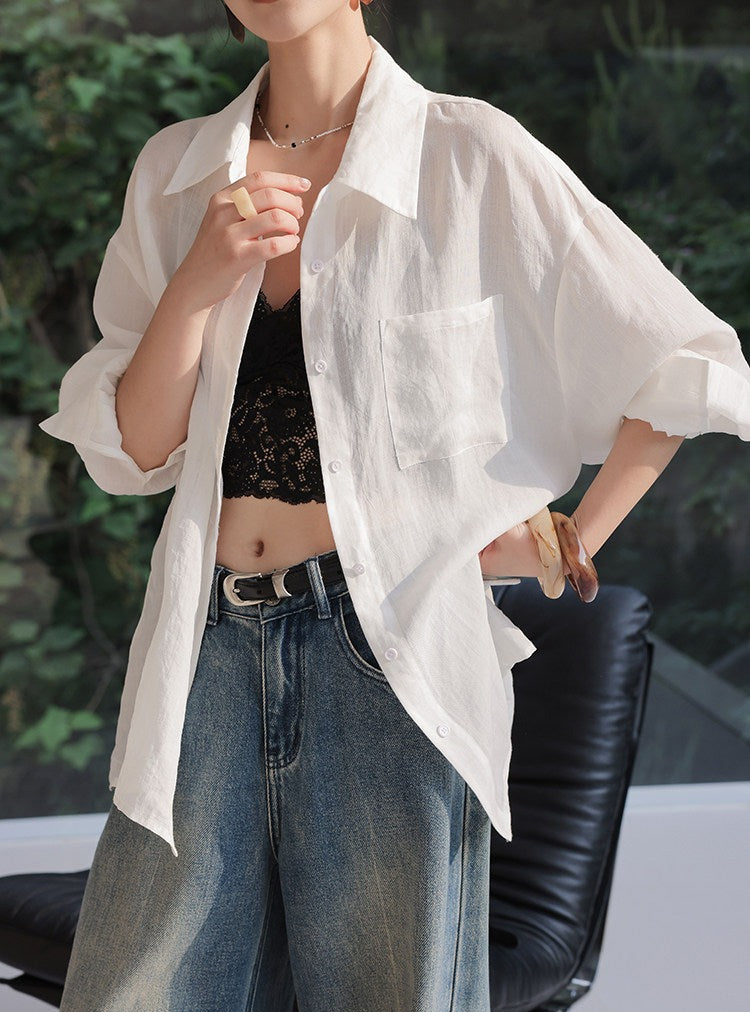 Linen Blend 2-Piece Set - Long Sleeve Shirt and Wide-Leg Shorts