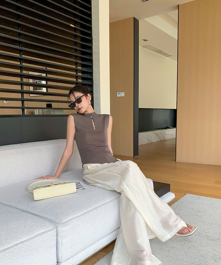 Celana Lebar Beige - Celana Musim Panas Pinggang Tinggi