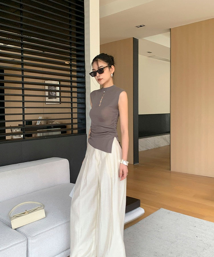 Celana Lebar Beige - Celana Musim Panas Pinggang Tinggi