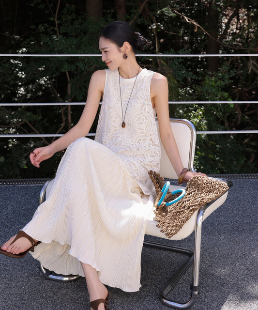 Lace Detail Sleeveless Dress - Elegant Beige
