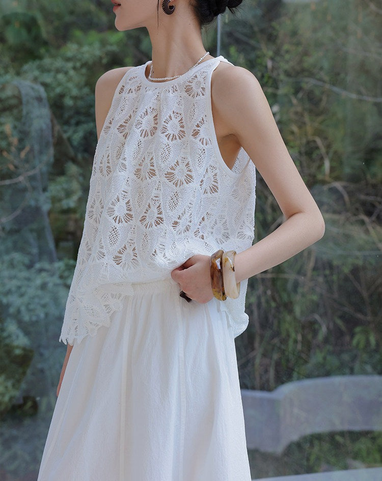 Lace Viscose 2-Piece Set - Sleeveless Top and Skirt