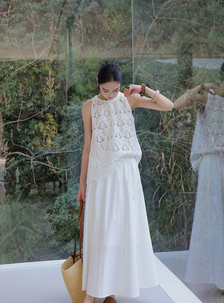 Lace Viscose 2-Piece Set - Sleeveless Top and Skirt
