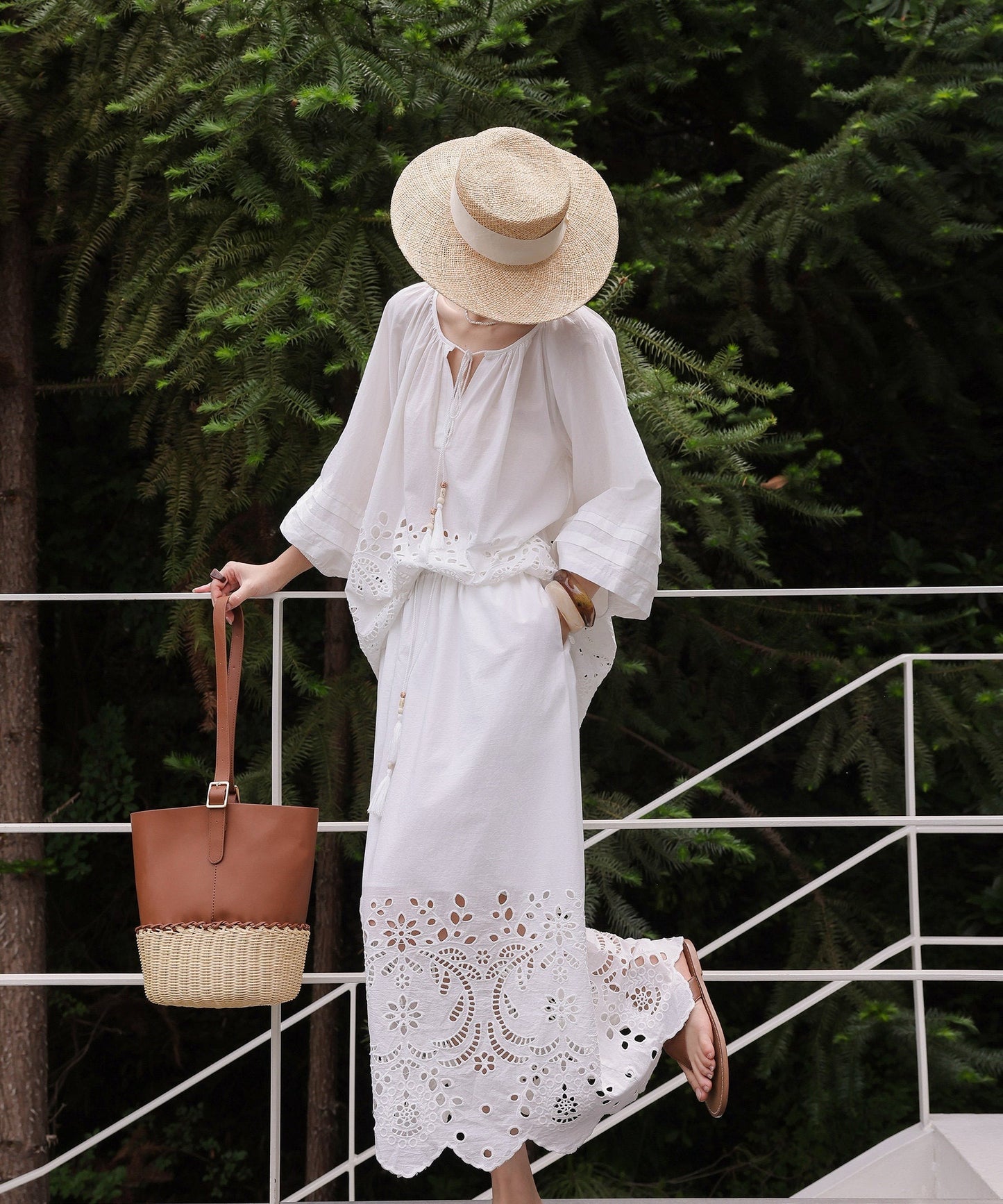 Beige Viscose Set - Hollow-Out Shirt and Skirt