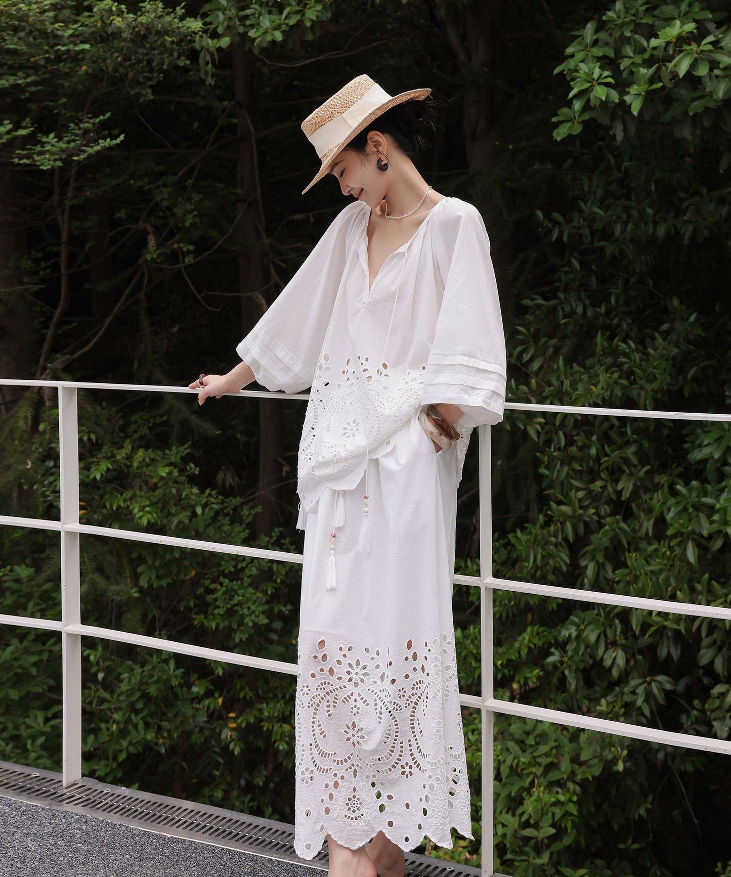 Beige Viscose Set - Hollow-Out Shirt and Skirt