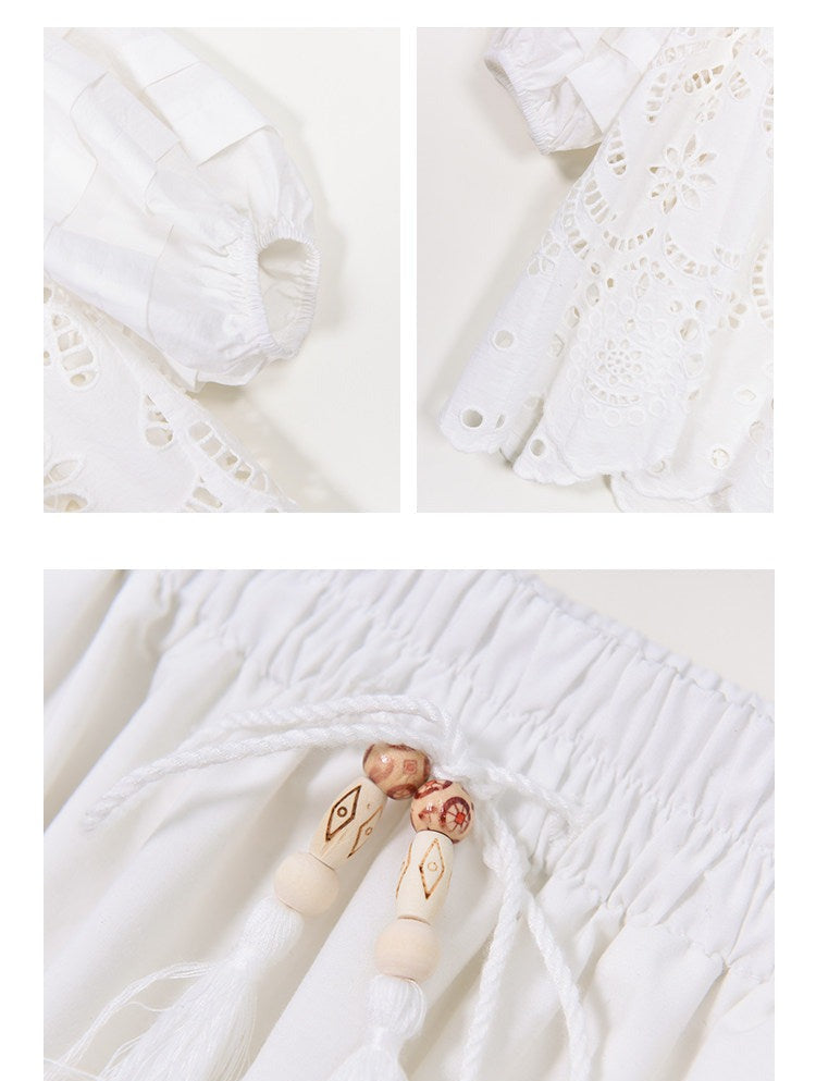 Beige Viscose Set - Hollow-Out Shirt and Skirt