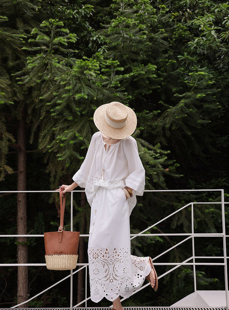 Beige Viscose Set - Hollow-Out Shirt and Skirt