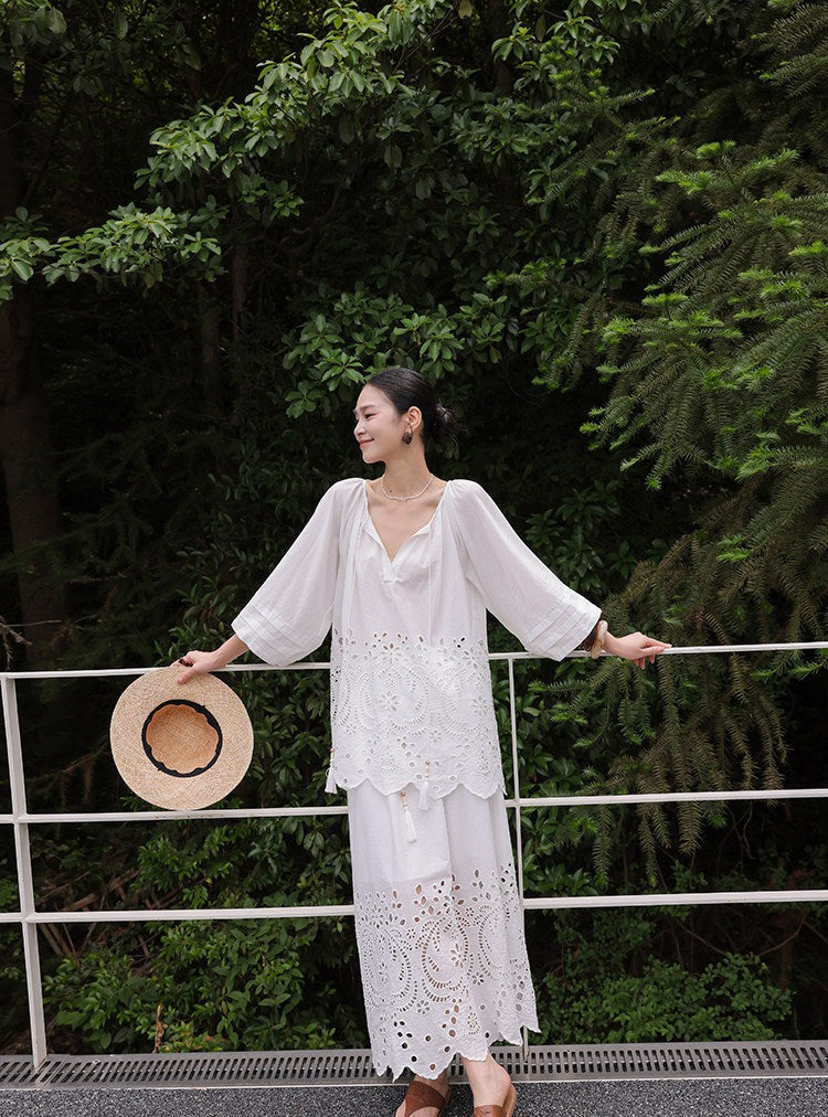 Beige Viscose Set - Hollow-Out Shirt and Skirt