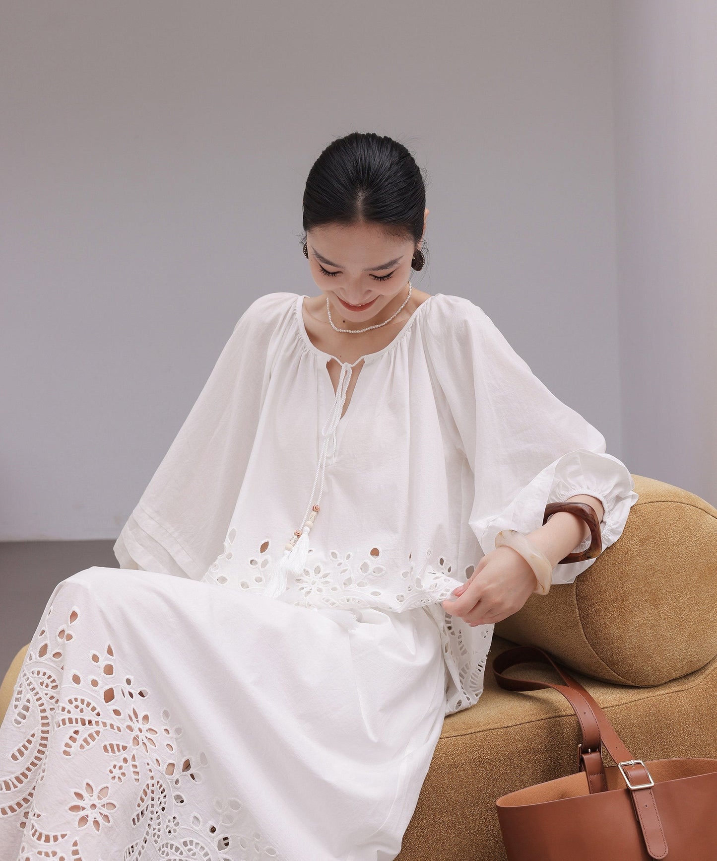 Beige Viscose Set - Hollow-Out Shirt and Skirt