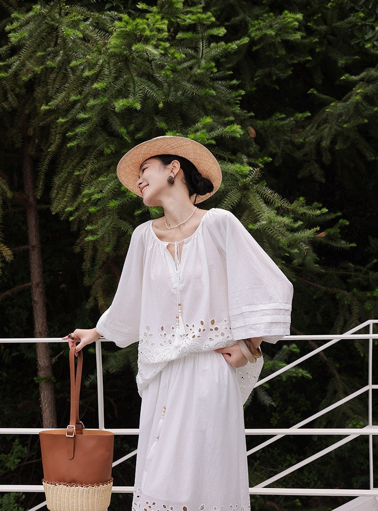 Beige Viscose Set - Hollow-Out Shirt and Skirt