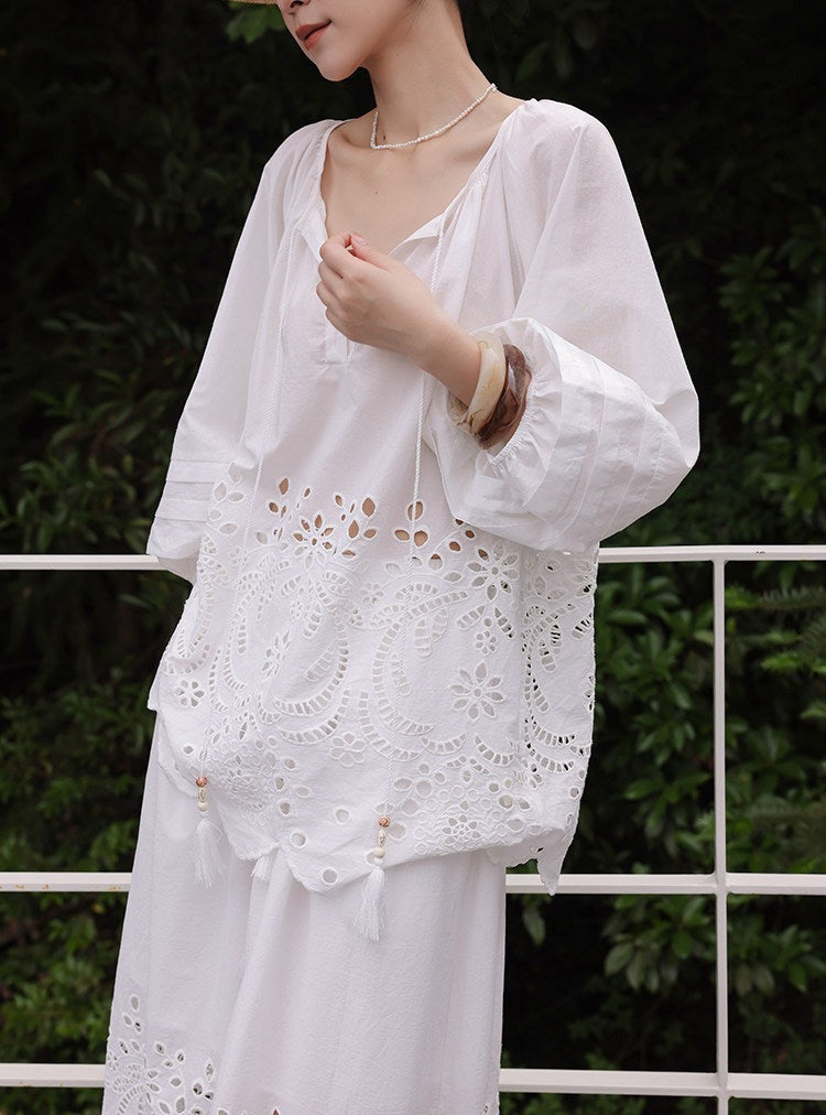 Beige Viscose Set - Hollow-Out Shirt and Skirt