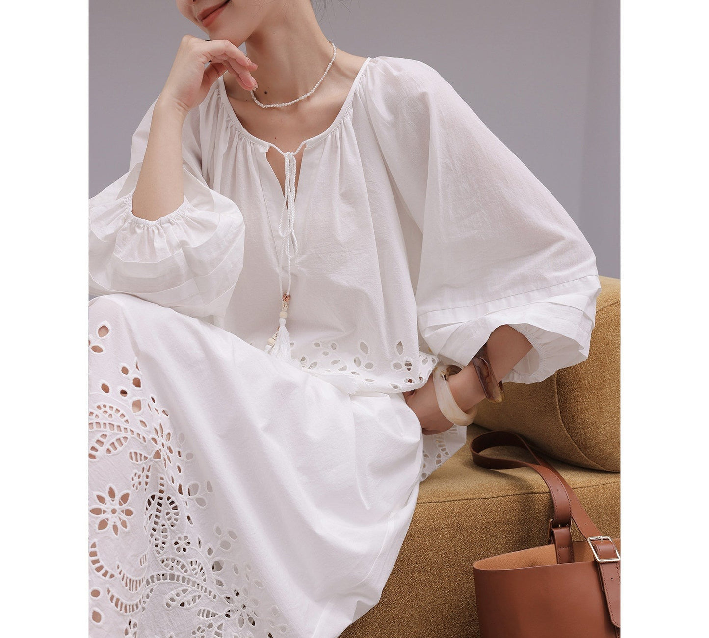 Beige Viscose Set - Hollow-Out Shirt and Skirt