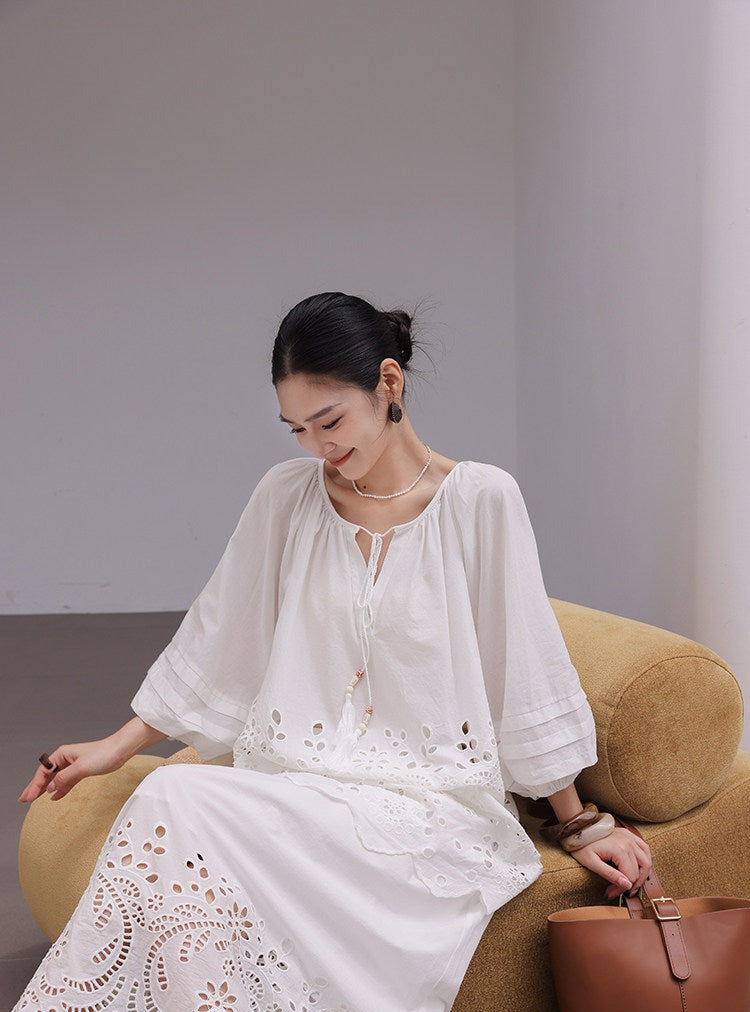 Beige Viscose Set - Hollow-Out Shirt and Skirt