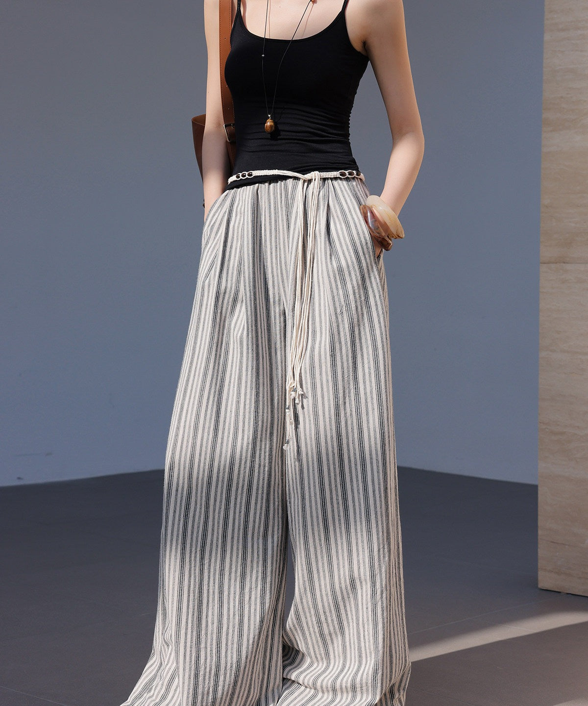 Linen Wide-Leg Pants - Black and White Stripes