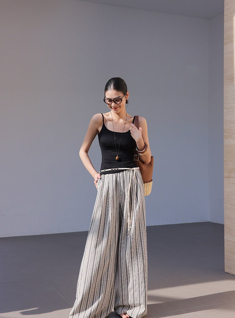 Linen Wide-Leg Pants - Black and White Stripes