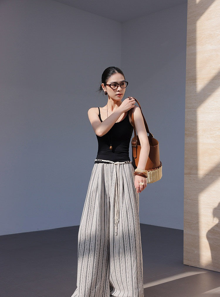 Linen Wide-Leg Pants - Black and White Stripes