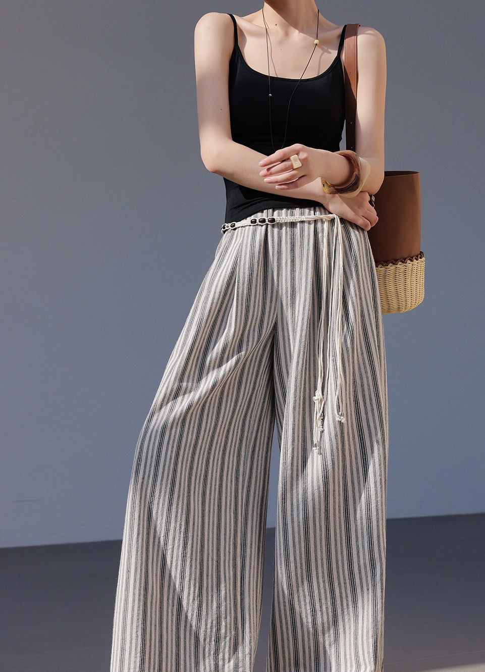 Linen Wide-Leg Pants - Black and White Stripes