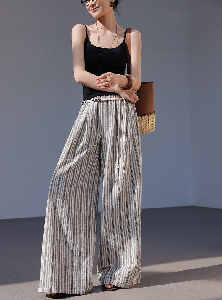 Linen Wide-Leg Pants - Black and White Stripes