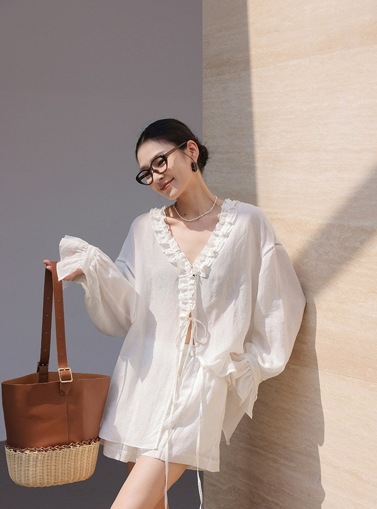 Tencel 2-Piece Set - Long Sleeve Shirt and Shorts