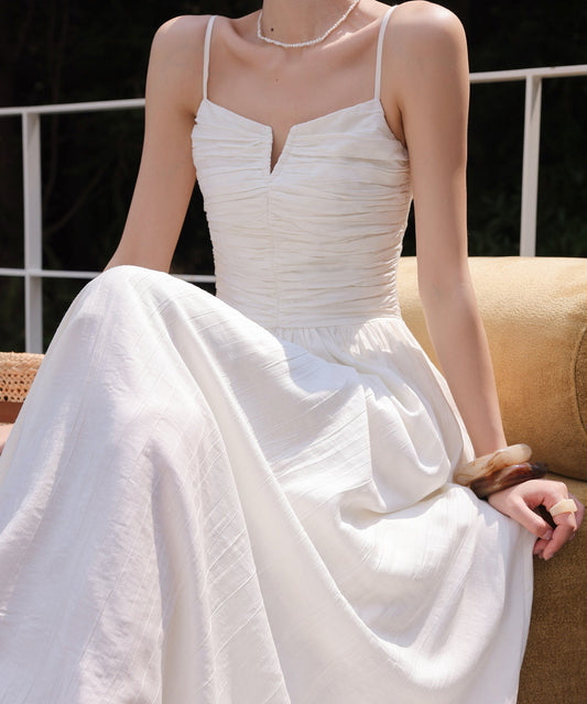 Viscose Dress - Sleeveless V-Neck Pleated Long Dress