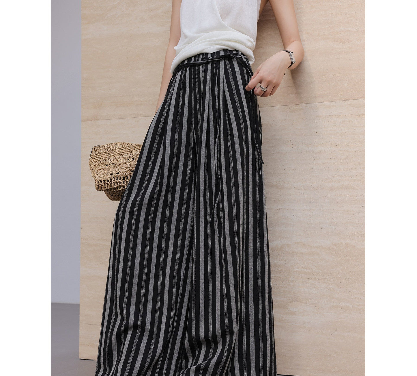 Celana Leher Lebar Viskosa - Desain Garis Vintage