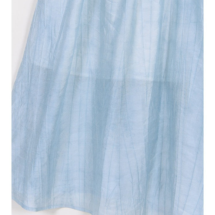 Gaun Viskosa - Biru V-Neck A-Line Berlipit