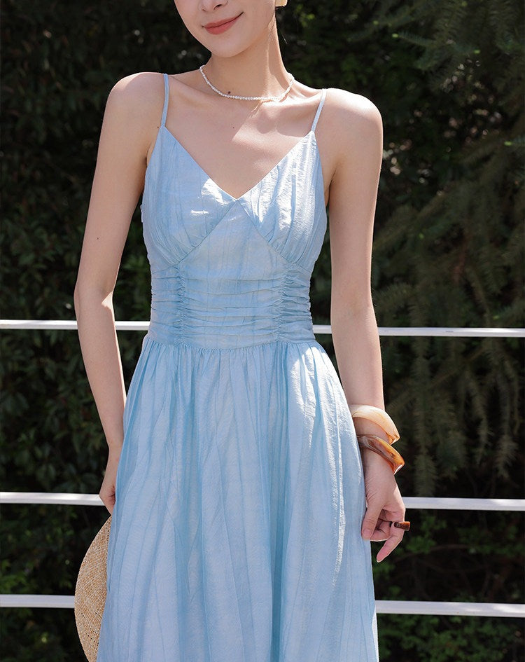 Gaun Viskosa - Biru V-Neck A-Line Berlipit