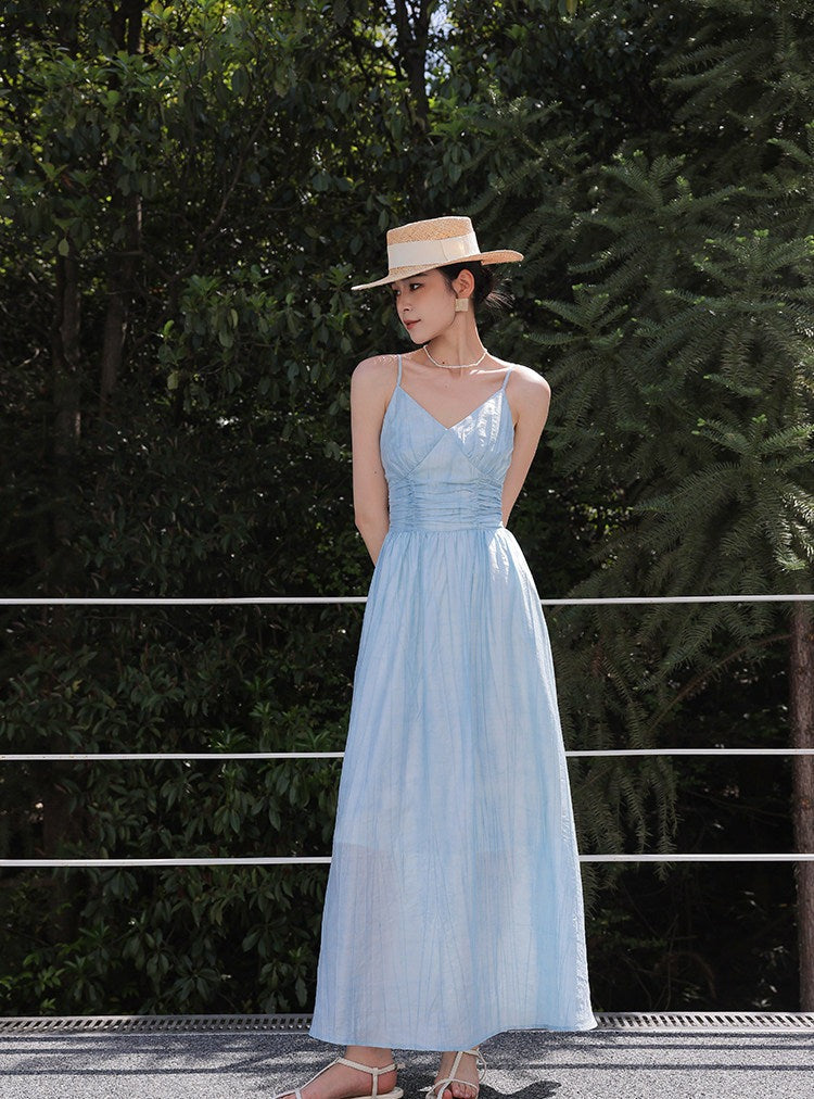 Gaun Viskosa - Biru V-Neck A-Line Berlipit