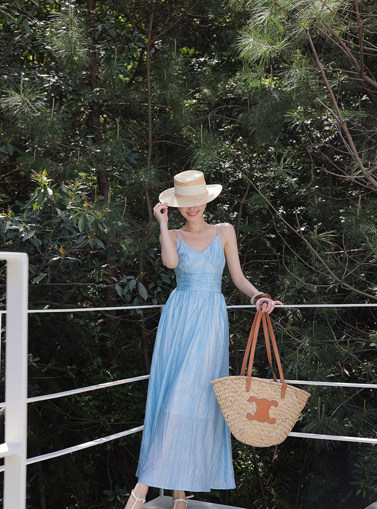 Gaun Viskosa - Biru V-Neck A-Line Berlipit