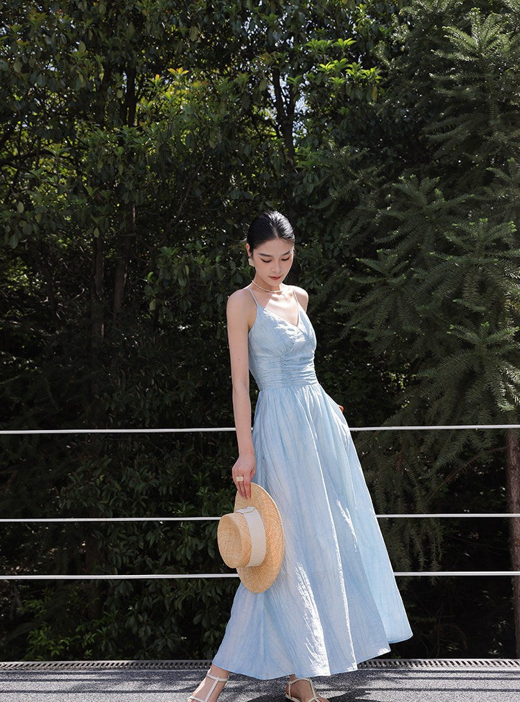 Gaun Viskosa - Biru V-Neck A-Line Berlipit