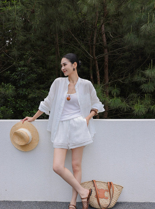 Linen Blend 2-Piece Set - Lace Insert Shirt and Wide-Leg Shorts