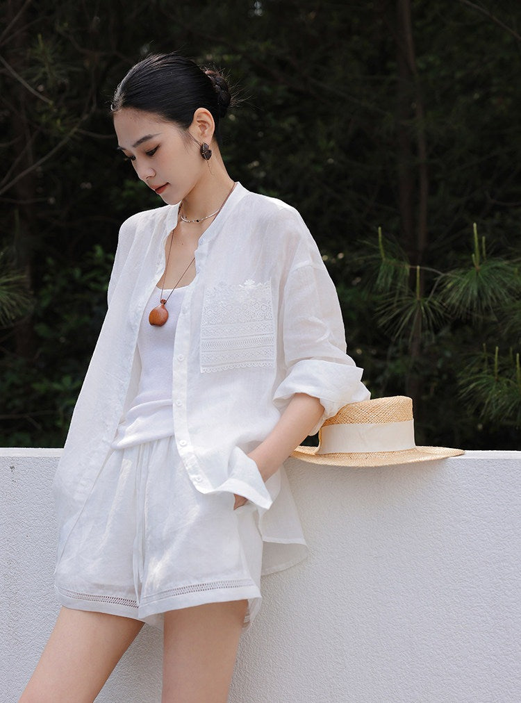 Linen Blend 2-Piece Set - Lace Insert Shirt and Wide-Leg Shorts
