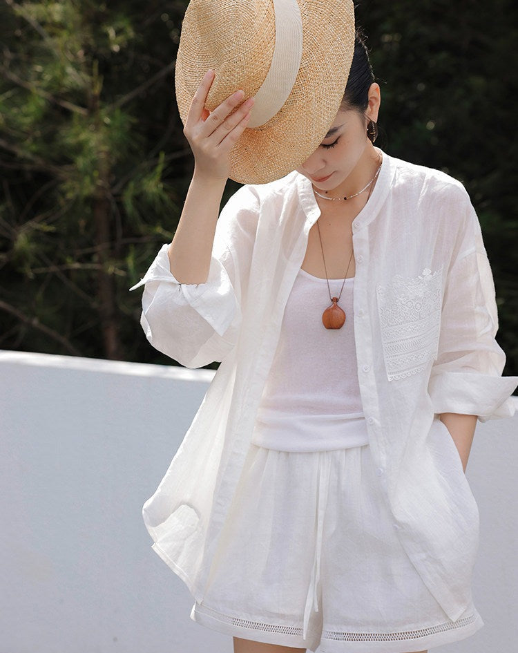 Linen Blend 2-Piece Set - Lace Insert Shirt and Wide-Leg Shorts