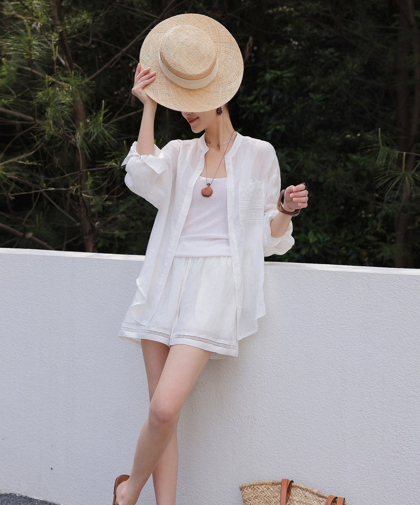 Linen Blend 2-Piece Set - Lace Insert Shirt and Wide-Leg Shorts