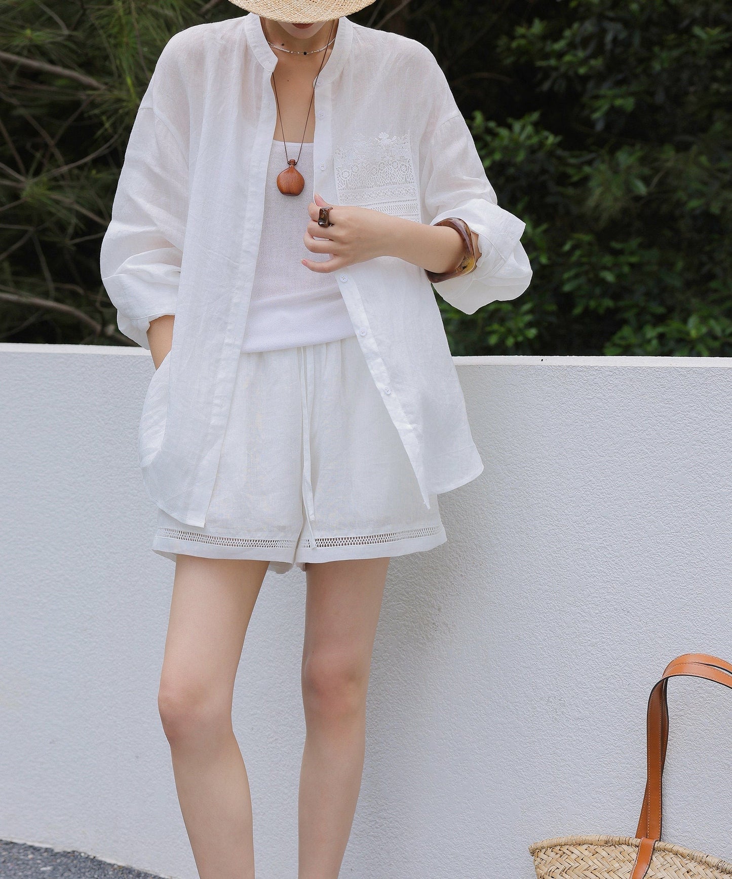 Linen Blend 2-Piece Set - Lace Insert Shirt and Wide-Leg Shorts