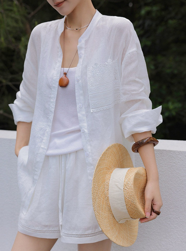 Linen Blend 2-Piece Set - Lace Insert Shirt and Wide-Leg Shorts