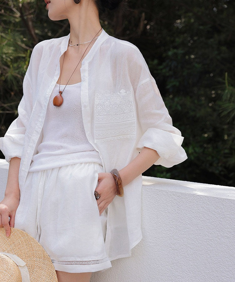 Linen Blend 2-Piece Set - Lace Insert Shirt and Wide-Leg Shorts