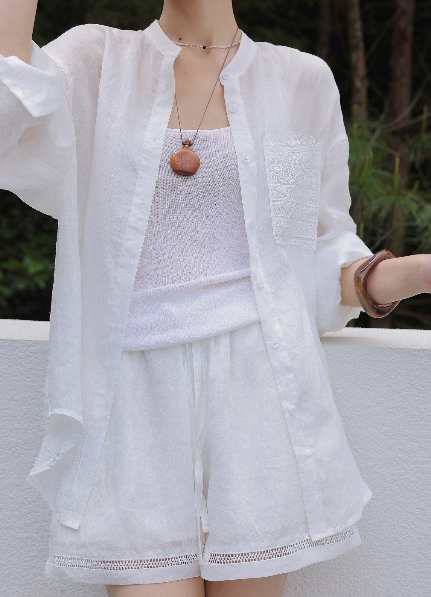 Linen Blend 2-Piece Set - Lace Insert Shirt and Wide-Leg Shorts